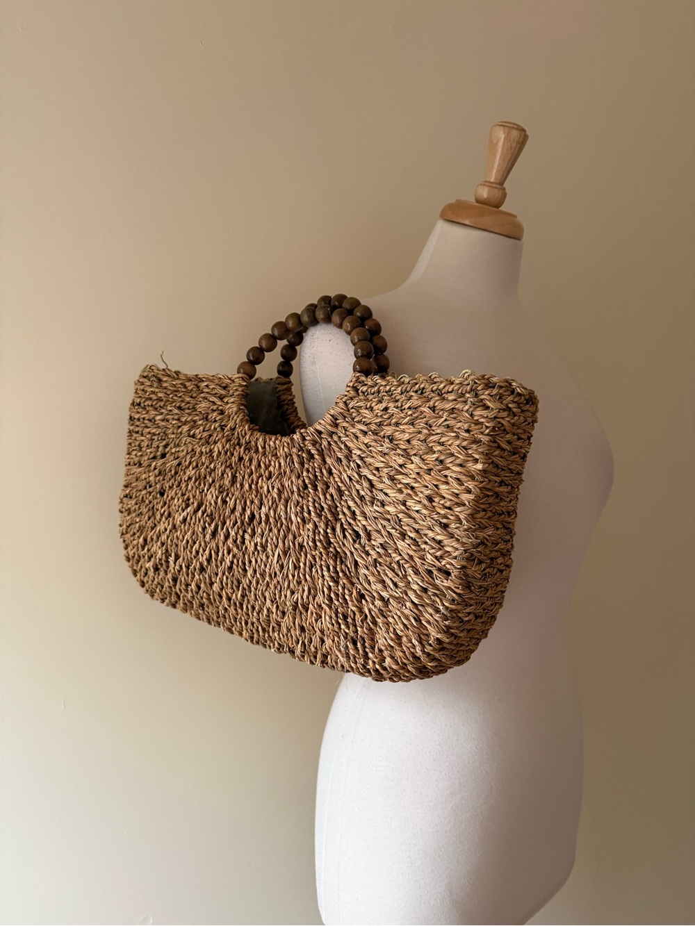 Large Handwoven Straw Tote | Wooden Bead Handles | Boho Beach Bag - Picture 2 of 5